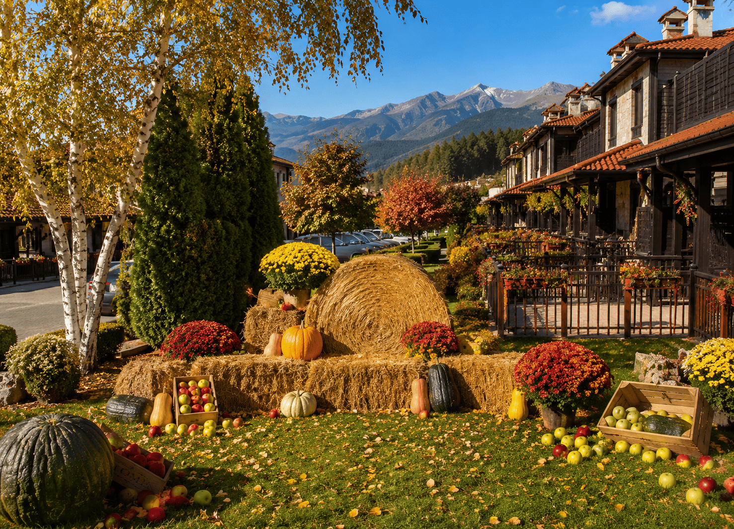 Mineral Water and SPA Breaks in Autumn – Time to Relax and Recharge - хотел Ruskovets.com Autumn garden at Ruskovets Resort with pumpkins, colourful flowers and views of the Pirin Mountains
