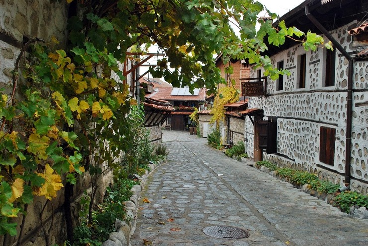 Cobbled street lined with traditional stone houses and autumn vines in Bansko’s old town